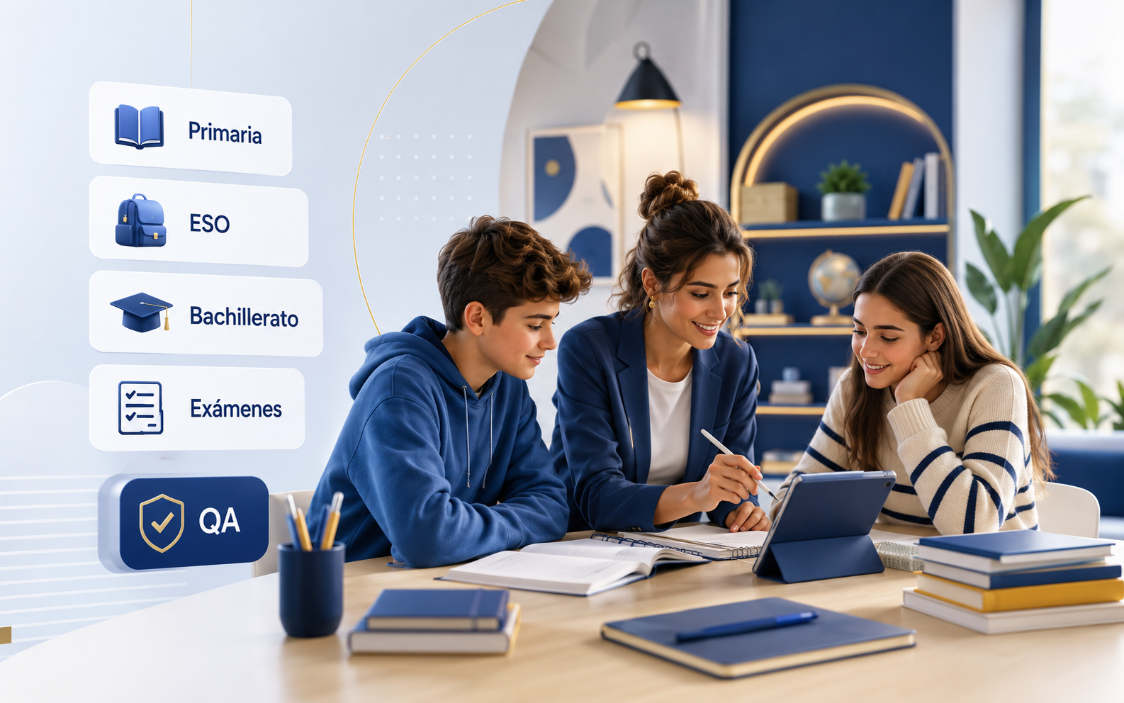 Academia Clara premium hero visual with students and tutor